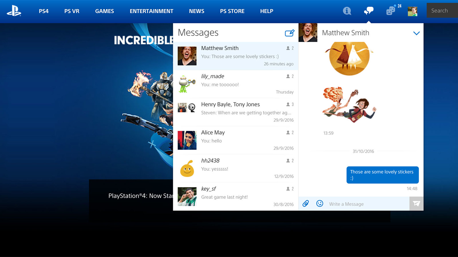 Original PlayStation.com social toolbar, showing messaging tab